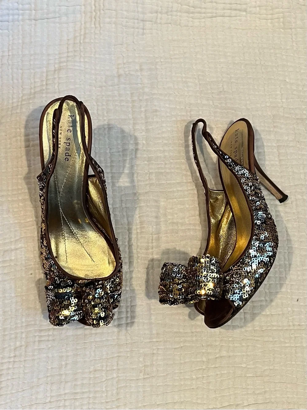 Kate Spade New York Gold Brown Sequin Bow Carly High Heels Open Toe Shoes 6